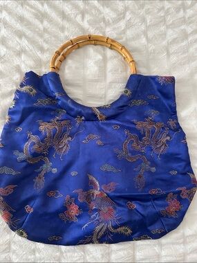 Blue Silk Dragon-Print Bamboo Handle Tote
